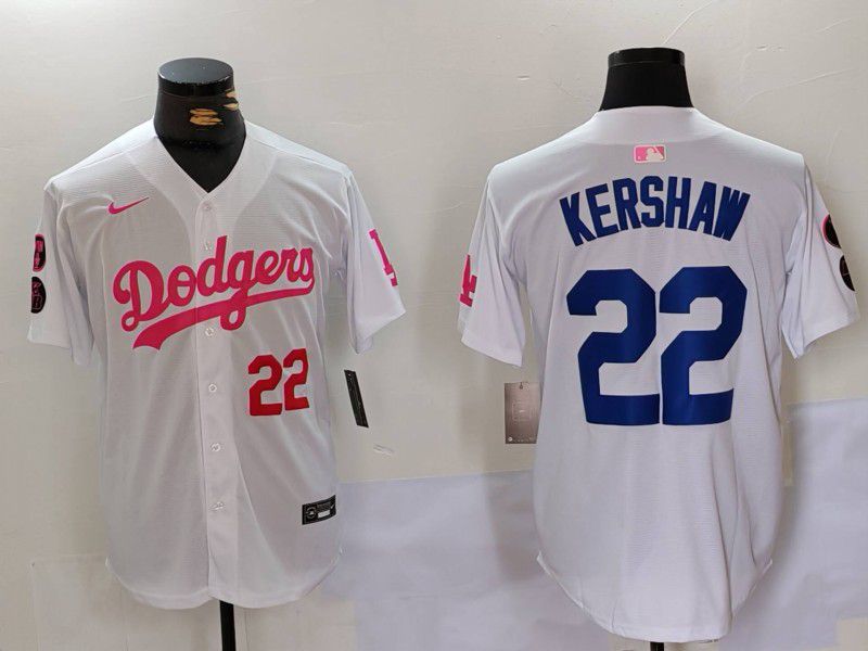 Men Los Angeles Dodgers #22 Kershaw White pink joint name 2024 Nike MLB Jersey style 2